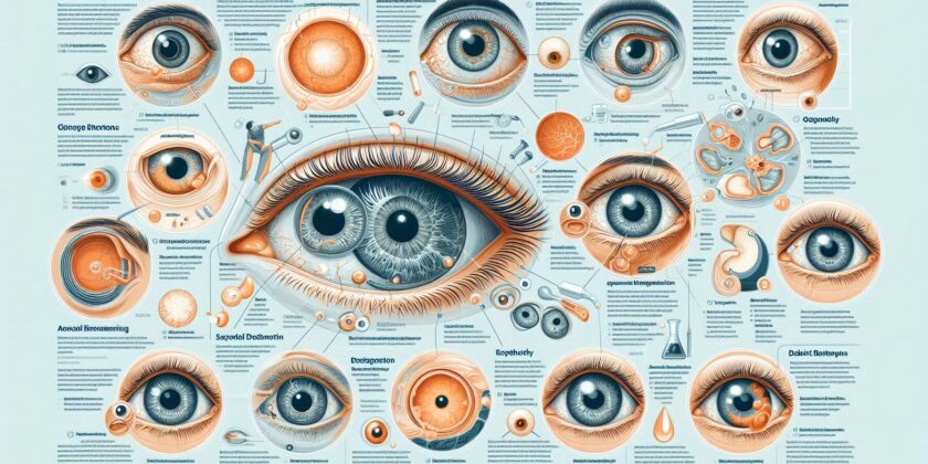 A detailed infographic illustrating various eye disorders. The infographic includes images of eyes w
