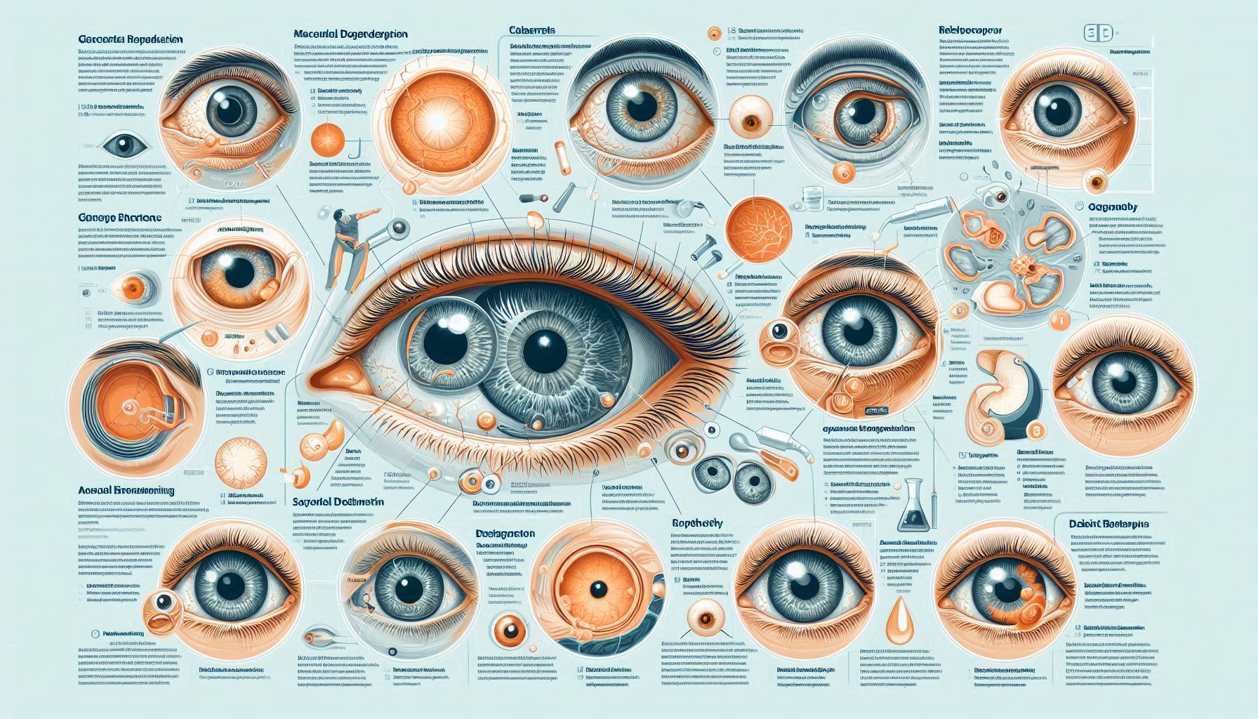 A detailed infographic illustrating various eye disorders. The infographic includes images of eyes w